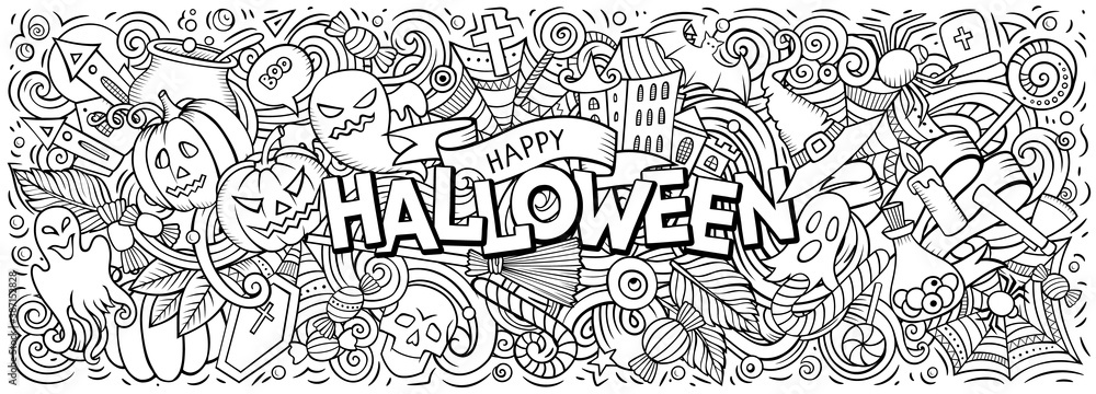 Happy Halloween hand drawn cartoon doodles illustration.