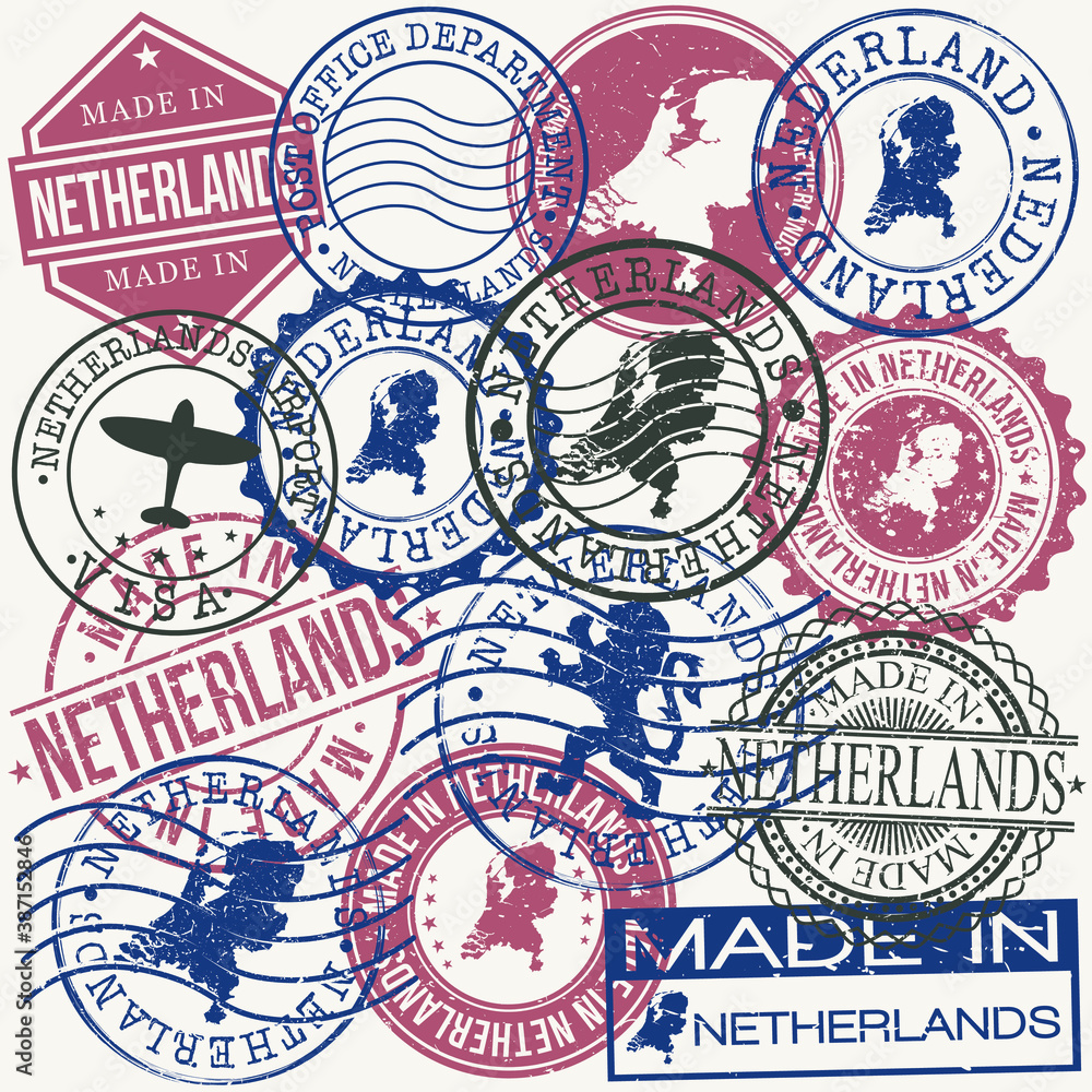 Netherlands Set of Stamps. Travel Passport Stamp. Made In Product. Design Seals Old Style Insignia. Icon Clip Art Vector.