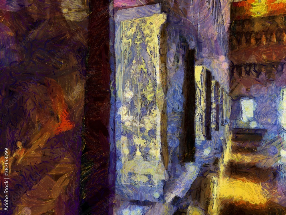 Interior of ancient Thai architecture Illustrations creates an impressionist style of painting.