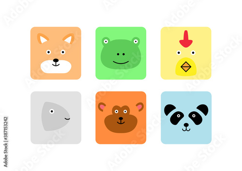 set of rounded colorful square cute face animal panda, fish, fox, frog, monkey, chicken