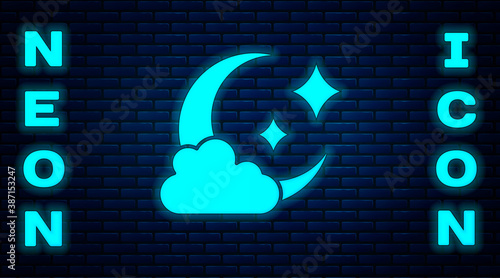Glowing neon Cloud with moon icon isolated on brick wall background. Cloudy night sign. Sleep dreams symbol. Night or bed time sign. Vector.