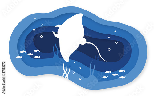 underwater paper cut ocean bottom with sea animals stingray , fish and rock paper layered cave background