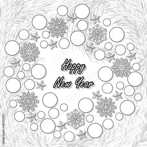 Coloring of greeting card for the new year with fir branches, Christmas balls, stars and snowflakes