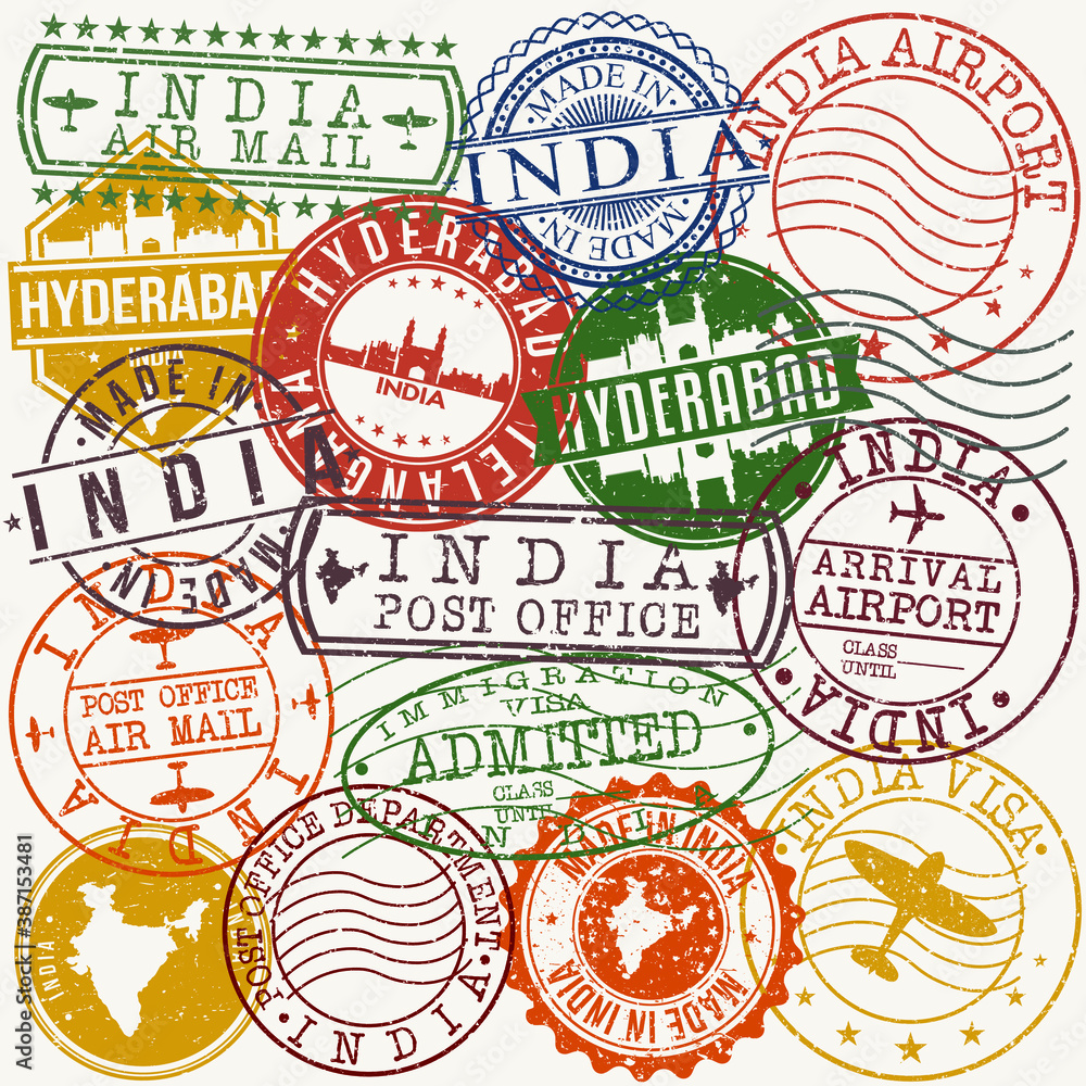 Hyderabad India Set of Stamps. Travel Stamp. Made In Product. Design Seals Old Style Insignia.