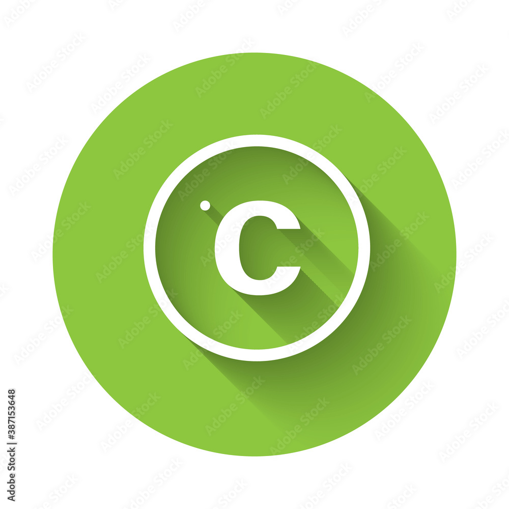 White Celsius icon isolated with long shadow. Green circle button. Vector. White Celsius icon isolated with long shadow. Green circle button. Vector.
