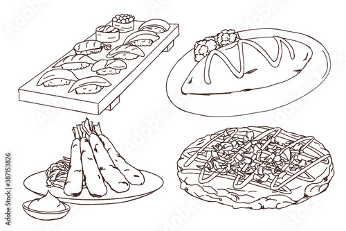 Doodle of Japanese food, sushi, omelette rice, fried shrimp, okonomiyaki