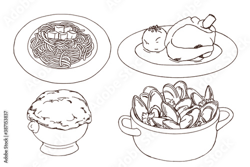 Doodle of Western food, pasta, pork knuckle, pastry soup, mussel