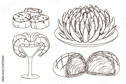 Doodle of Western food, scallop, blooming onion, shrimp cocktail, beef wellington