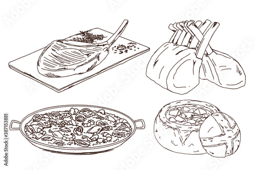 Doodle of Western food, tomahawk, lamb rack, paella, bread soup