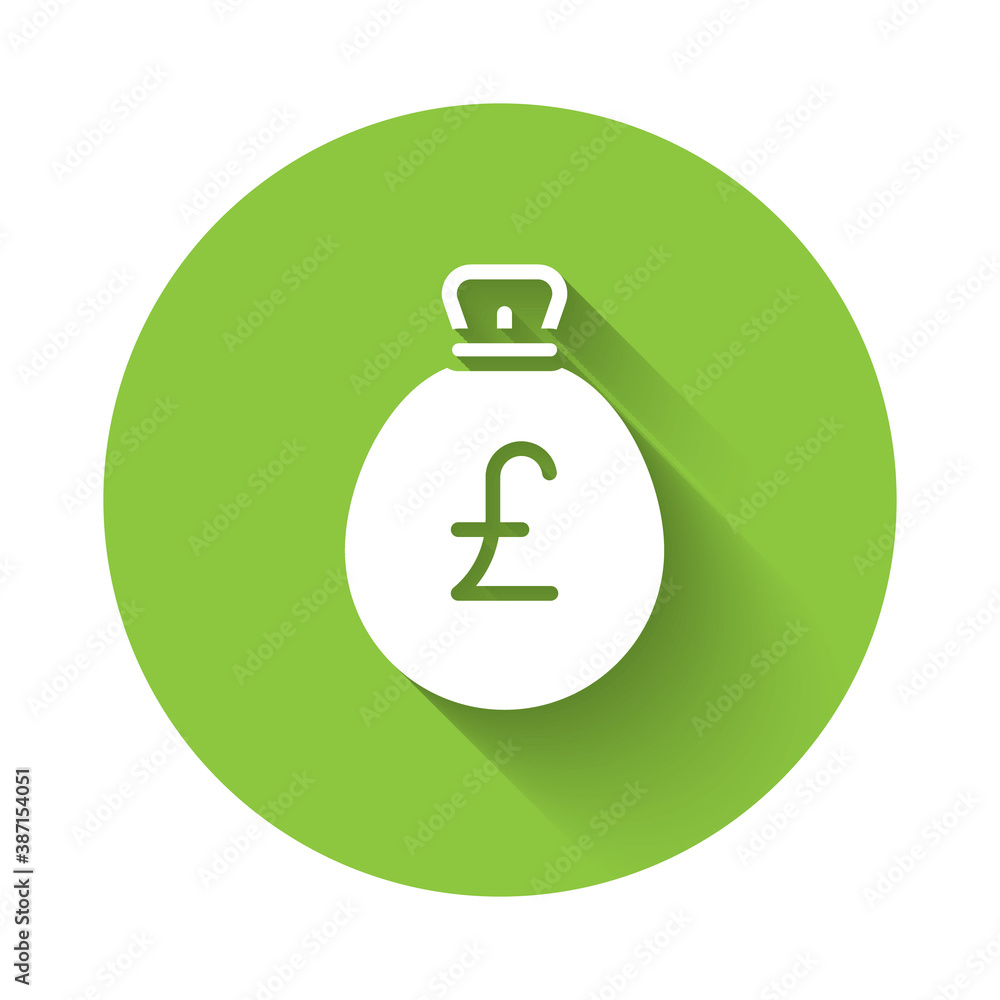 White Money bag with pound icon isolated with long shadow. Pound GBP currency symbol. Green circle button. Vector. White Money bag with pound icon isolated with long shadow. Pound GBP currency symbol. Green circle button. Vector.