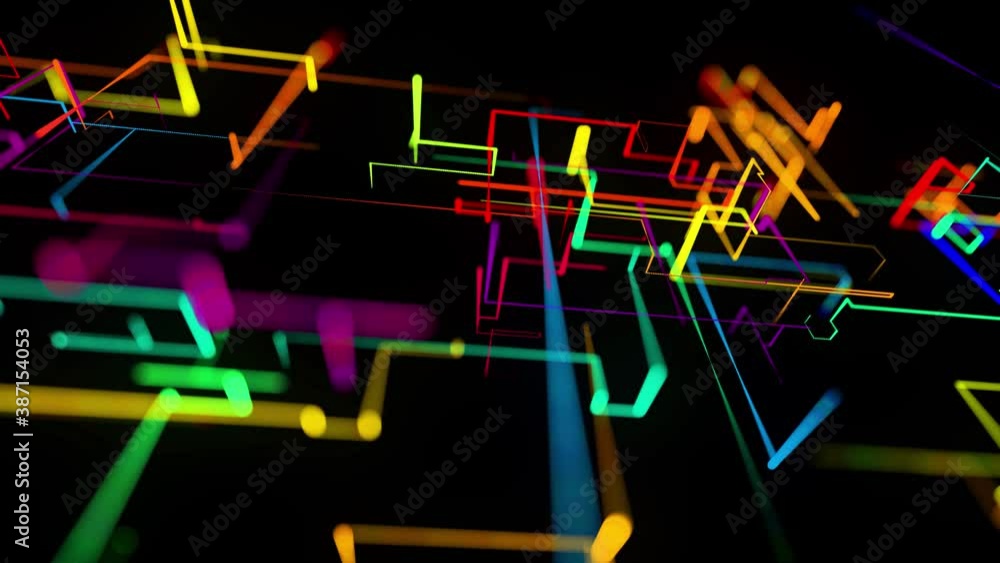 abstract looped background as technological concept with many lines and nodes of different colors. Sci-fi bg of glow particles form lines like electrical circuit or microcircuit abstract looped background as technological concept with many lines and nodes of different colors. Sci-fi bg of glow particles form lines like electrical circuit or microcircuit