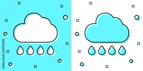 Black line Cloud with rain icon isolated on green and white background. Rain cloud precipitation with rain drops. Random dynamic shapes. Vector.