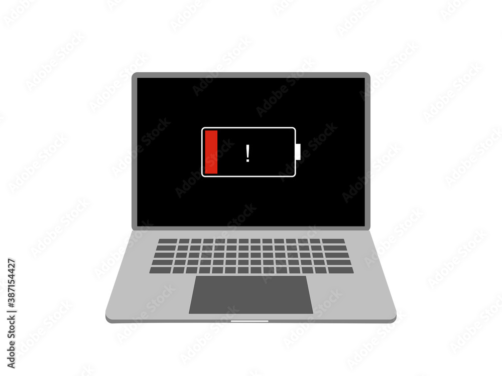 Low battery computer illustration. Red battery message on the screen of an laptop. On a white background. Low battery computer illustration. Red battery message on the screen of an laptop. On a white background.