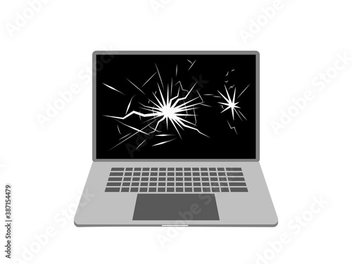 Cracked screen computer illustration. Open laptop symbol on a white background.
