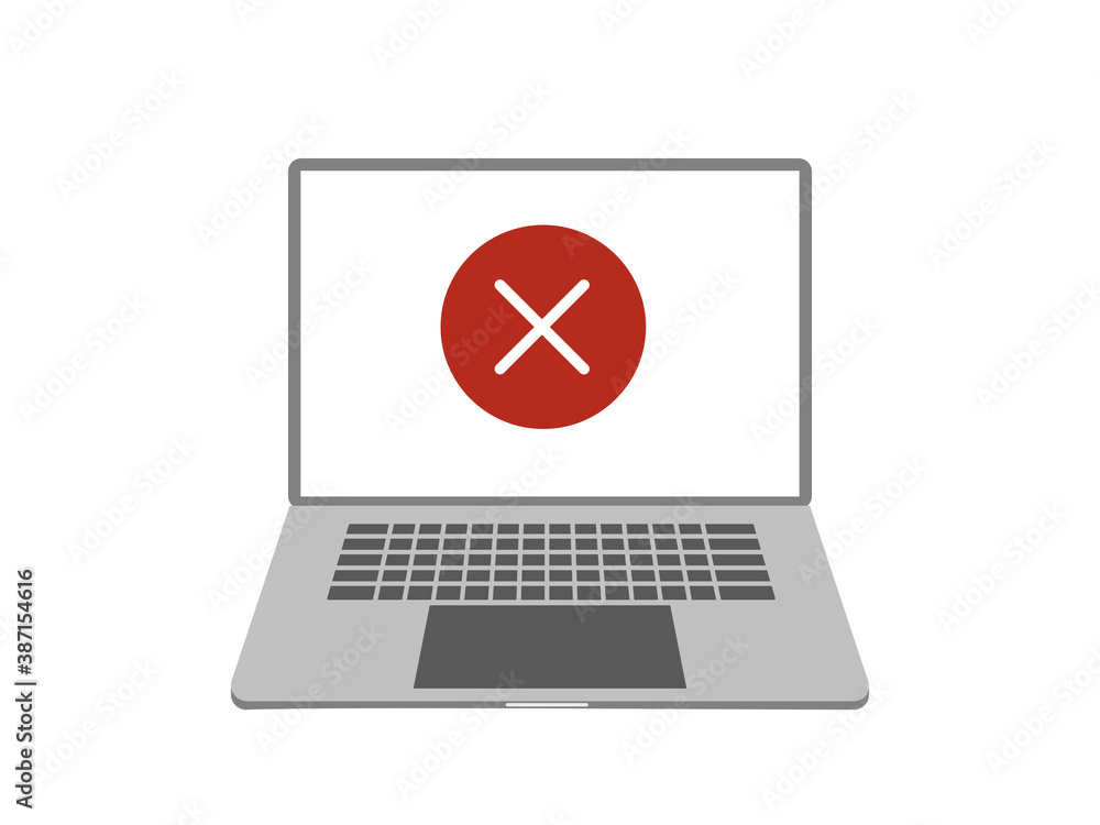 Blocked computer illustration. Red warning sign on the screen of an open laptop on a white background. Blocked computer illustration. Red warning sign on the screen of an open laptop on a white background.