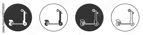 Black Scooter icon isolated on white background. Circle button. Vector.