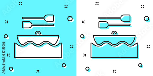 Black line Boat with oars icon isolated on green and white background. Water sports, extreme sports, holiday, vacation, team building. Random dynamic shapes. Vector.