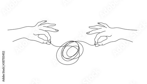 Psychotherapy concept. Two hands untangle the knot. Vector illustration.