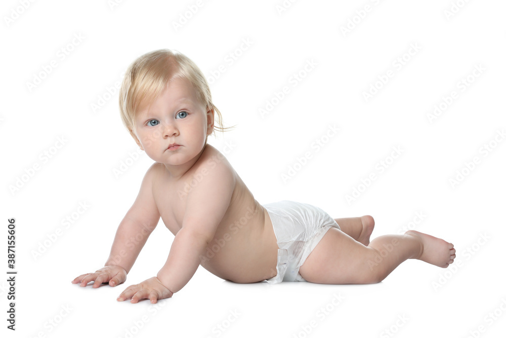 Cute little baby in diaper on white background Cute little baby in diaper on white background