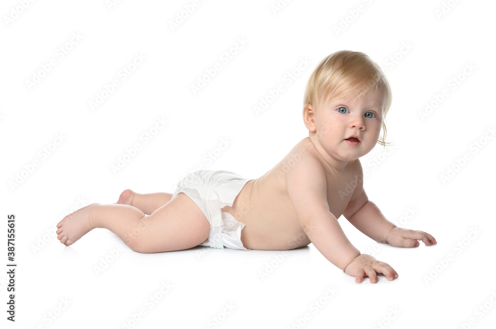 Cute little baby in diaper on white background Cute little baby in diaper on white background