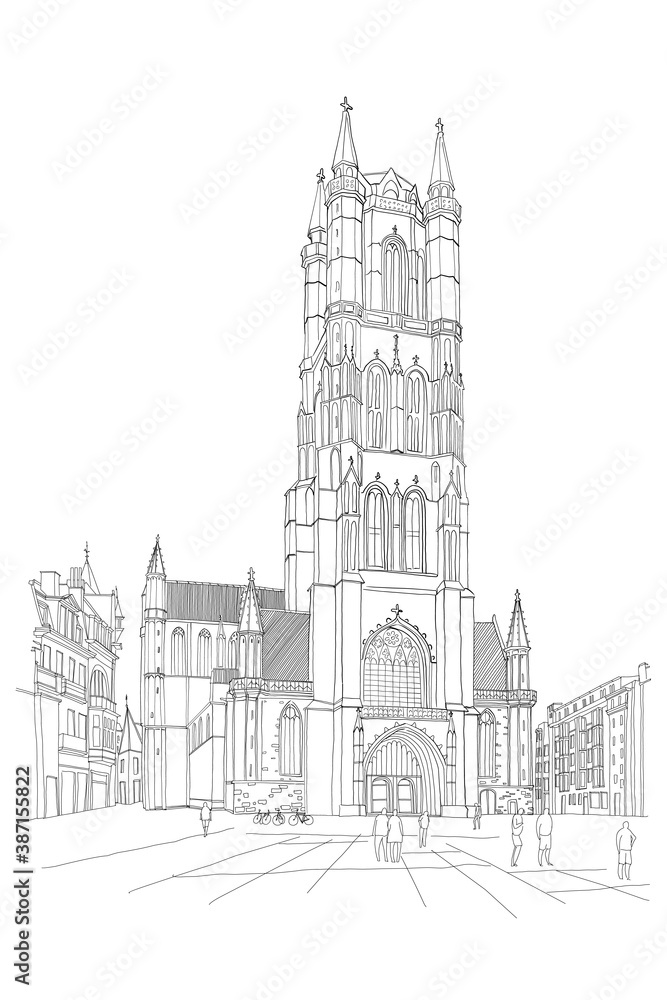 Vector sketch of the Saint Bavo Cathedral (Sint-Baafs Cathedral) in Ghent, Belgium.