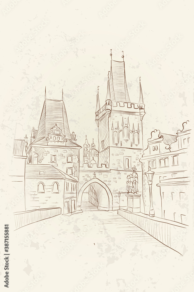 vector sketch of Lesser Town Bridge Towers on Charles Bridge. Prague, Czech Republic, Bohemia.