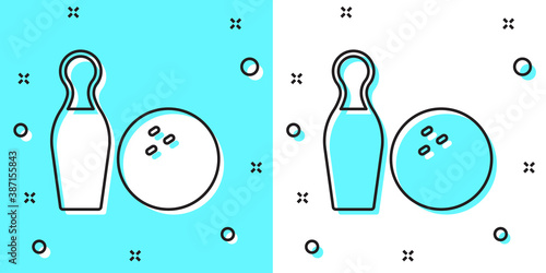 Black line Bowling pin and ball icon isolated on green and white background. Sport equipment. Random dynamic shapes. Vector.