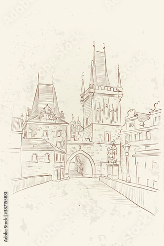 vector sketch of Lesser Town Bridge Towers on Charles Bridge. Prague, Czech Republic, Bohemia.