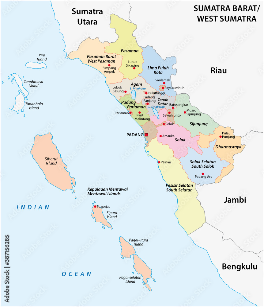 Administrative vector map of the Indonesian province of West Sumatra, Sumatra, Indonesia