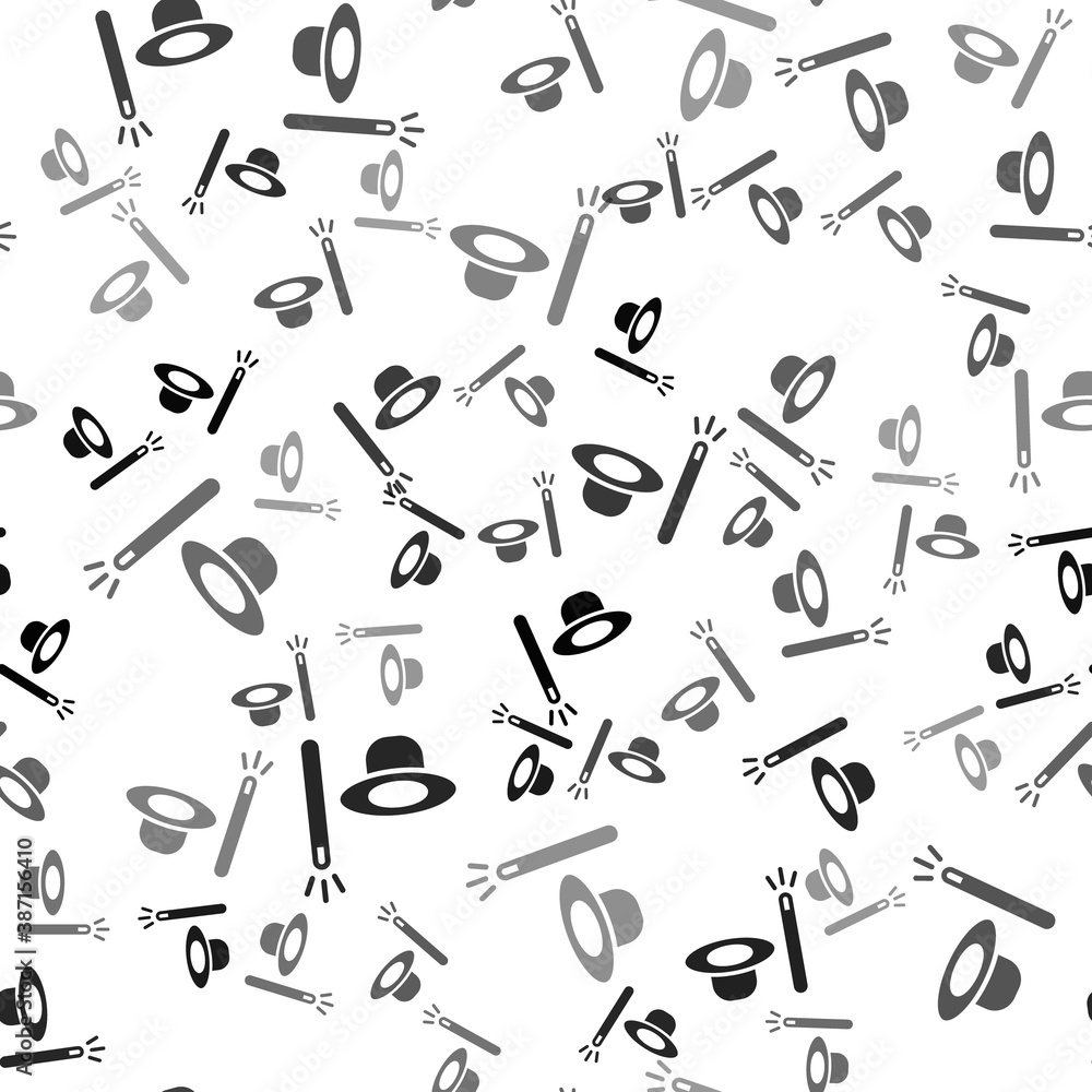 Black Magic hat and wand icon isolated seamless pattern on white background. Magic trick. Mystery entertainment concept. Vector. Black Magic hat and wand icon isolated seamless pattern on white background. Magic trick. Mystery entertainment concept. Vector.
