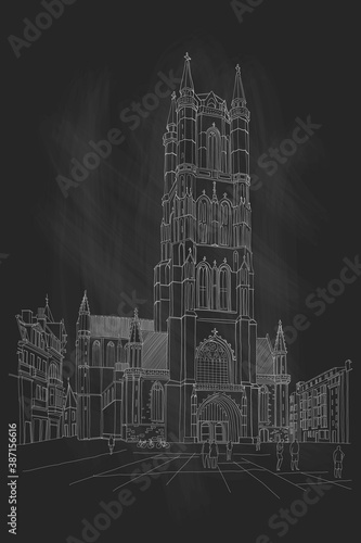 Vector sketch of the Saint Bavo Cathedral (Sint-Baafs Cathedral) in Ghent, Belgium.