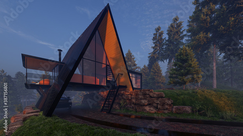 Triangle Shaped House Design with a Garage Underneath in the Early Morning 3D Rendering
