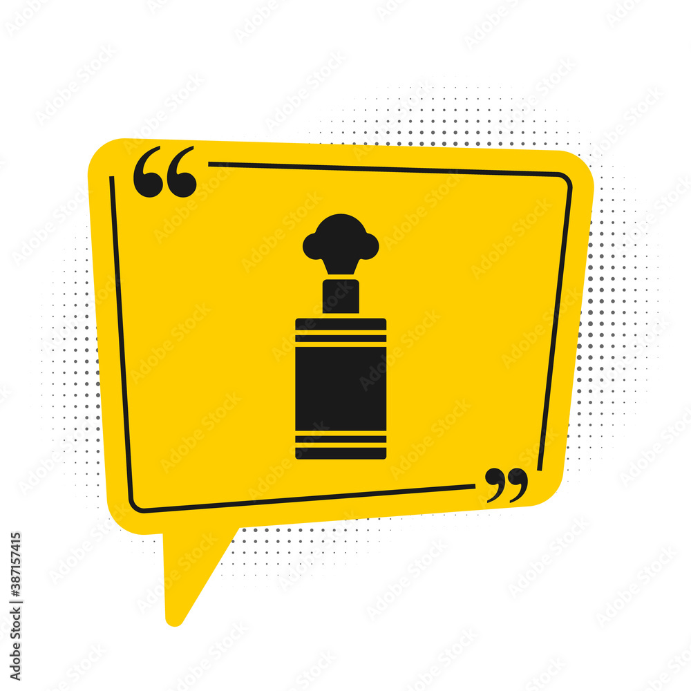 Black Hand grenade icon isolated on white background. Bomb explosion. Yellow speech bubble symbol. Vector.