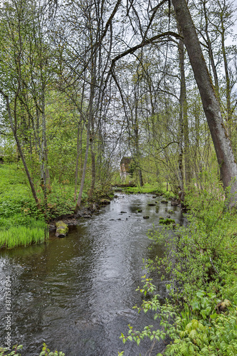 Countryside landscape view of old river flowing through small forest.