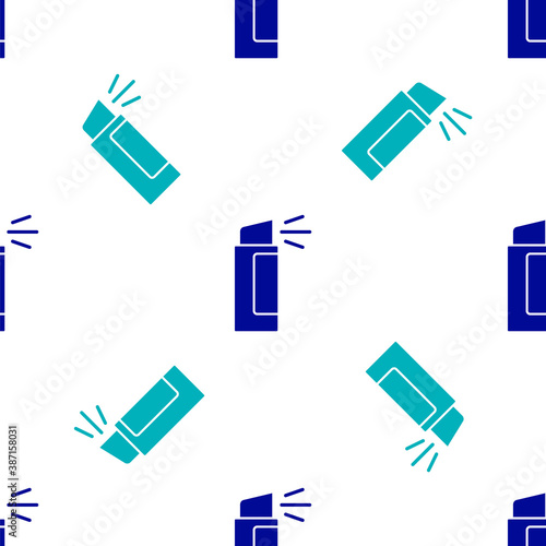 Blue Pepper spray icon isolated seamless pattern on white background. OC gas. Capsicum self defense aerosol. Vector.