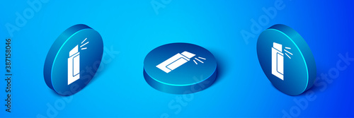 Isometric Pepper spray icon isolated on blue background. OC gas. Capsicum self defense aerosol. Blue circle button. Vector.
