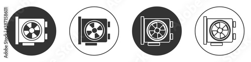 Black Video graphic card icon isolated on white background. Circle button. Vector.