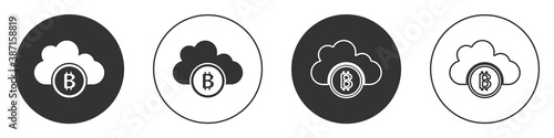 Black Cryptocurrency cloud mining icon isolated on white background. Blockchain technology, bitcoin, digital money market, cryptocoin wallet. Circle button. Vector.