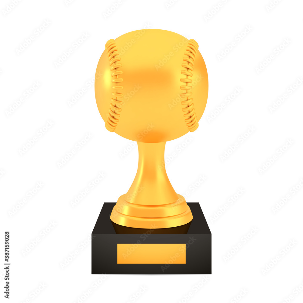 Winner baseball cup award on stand with empty plate, golden trophy logo isolated on white background Winner baseball cup award on stand with empty plate, golden trophy logo isolated on white background