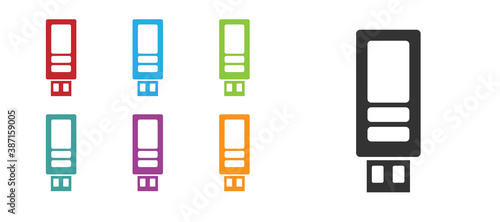 Black USB flash drive icon isolated on white background. Set icons colorful. Vector.
