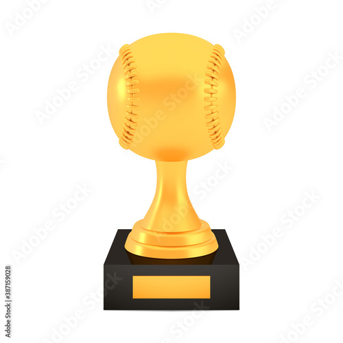 Winner baseball cup award on stand with empty plate, golden trophy logo isolated on white background