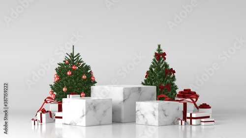 white Marble podium for product placement in christmas background decor by christmas tree gift boxes ribbon