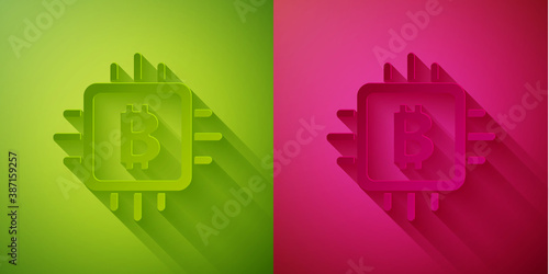 Paper cut CPU mining farm icon isolated on green and pink background. Bitcoin sign inside processor. Cryptocurrency mining community. Digital money. Paper art style. Vector.