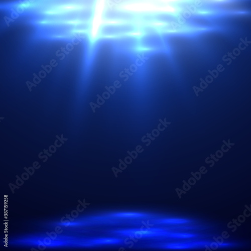 Underwater background. Sun rays in deep sea. Vector illustration.