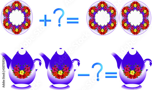 Educational game for children, illustration of mathematical addition and subtraction, examples with plates and teapots.