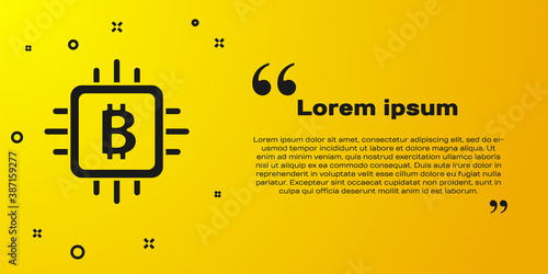 Black CPU mining farm icon isolated on yellow background. Bitcoin sign inside processor. Cryptocurrency mining community. Digital money. Vector.
