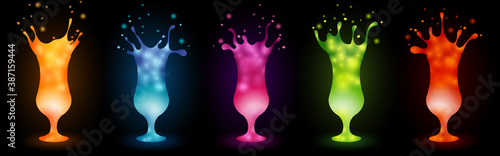 colorful cocktails in hurricane glasses splashing on black background