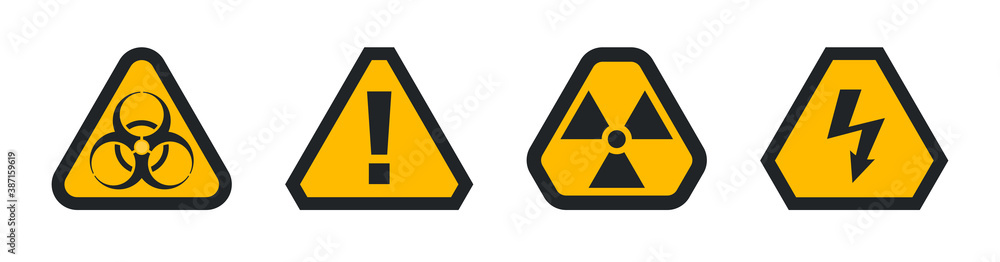 Set of hazard warning attention sign, biohazard radiation and high voltage Set of hazard warning attention sign, biohazard radiation and high voltage