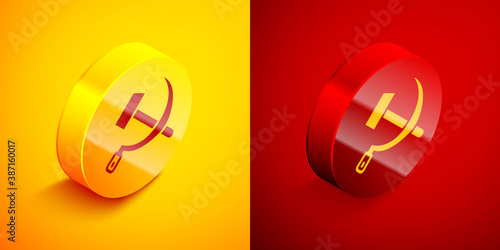 Isometric Hammer and sickle USSR icon isolated on orange and red background. Symbol Soviet Union. Circle button. Vector.