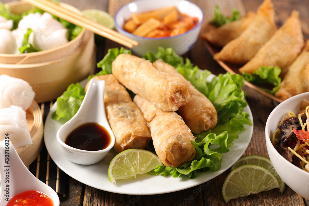 assorted of asian food- spring roll, rice, samosa, noddles assorted of asian food- spring roll, rice, samosa, noddles
